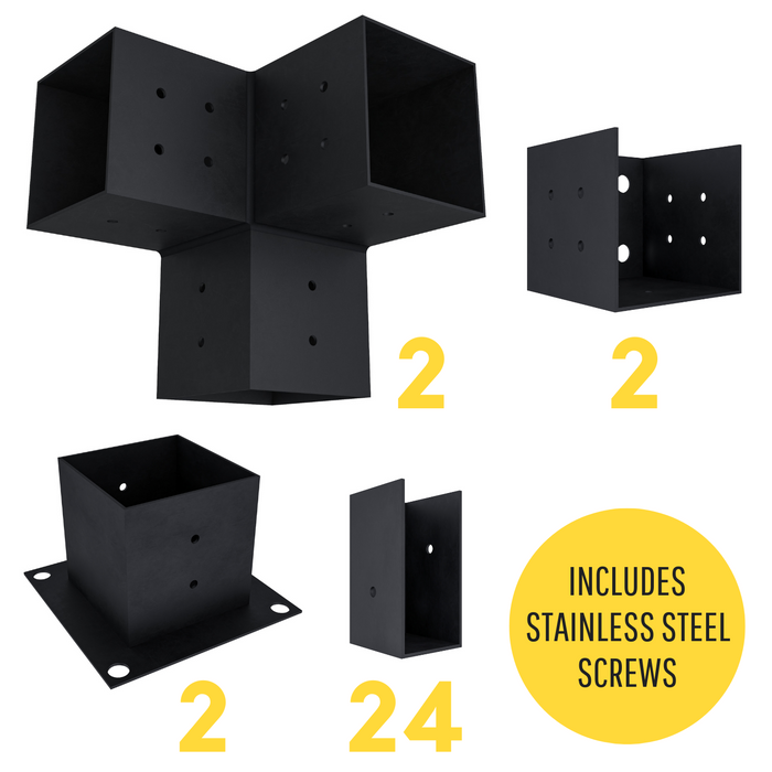 Pergola kit includes 2 base brackets, 2 wall-mount brackets, 2 3-arm post brackets and 24 insert brackets for angled 2x4 slats