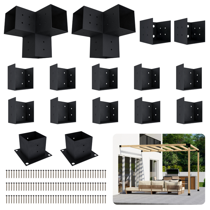 Pergola kit includes 2 base brackets, 2 wall-mount brackets, 2 3-arm post brackets and 10 square 4x4 brackets for inline 4x4 posts