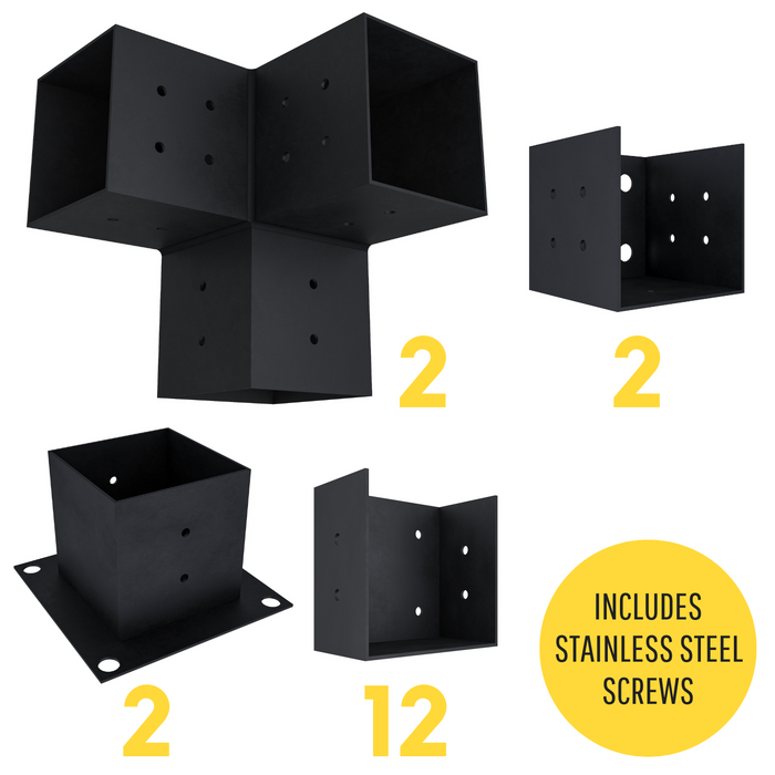 Pergola kit includes 2 base brackets, 2 wall-mount brackets, 2 3-arm post brackets and 12 square 4x4 brackets for inline 4x4 posts