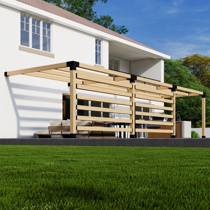 Attached Pergola Kit for 6x6 Wood Posts (Any Size Up to 36' x 12') - With 6x6 Square Roof Rafters + 2 Privacy Walls (Far Spacing)