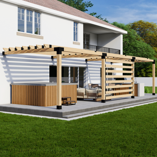 Up to 36' x 12' Wall-Mounted Pergola w/ 2x6 Rafters Atop Beams and 1 Privacy Wall