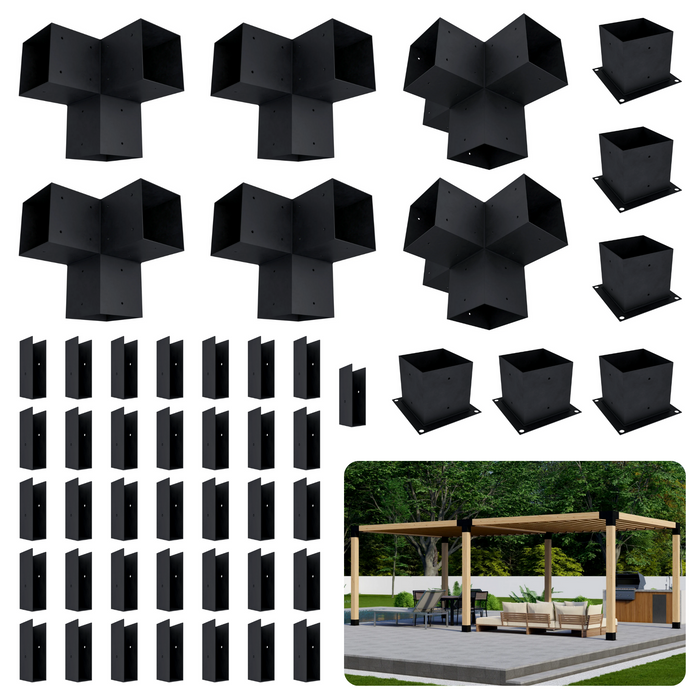 Zen Pergola kit includes 6 base brackets, 4 3-arm post brackets, 2 4-arm post brackets and 36 insert brackets for an angled 2x6 slats roof