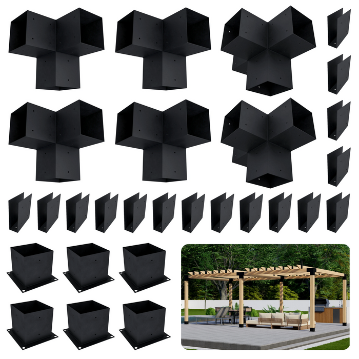 Zen Pergola kit includes 6 base brackets, 4 3-arm post brackets, 2 4-arm post brackets and 16 rafter brackets for a 2x6 rafters atop beams roof
