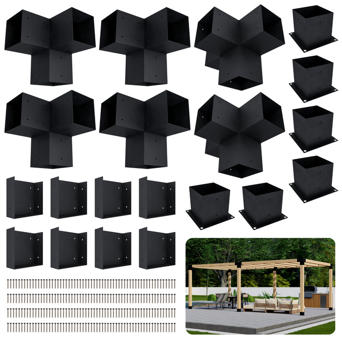 Zen Pergola kit includes 6 base brackets, 4 3-arm post brackets, 2 4-arm post brackets and 8 square insert brackets for an inline 6x6 posts roof