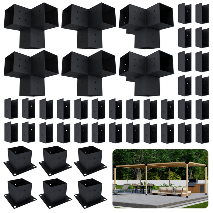 Zen Pergola kit includes 6 base brackets, 4 3-arm post brackets, 2 4-arm post brackets and 32 insert brackets for an angled 2x4 slats roof