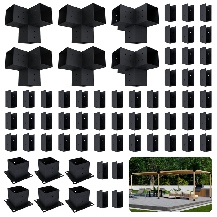 Zen Pergola kit includes 6 base brackets, 4 3-arm post brackets, 2 4-arm post brackets and 52 insert brackets for an angled 2x4 slats roof