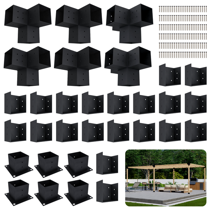 Zen Pergola kit includes 6 base brackets, 4 3-arm post brackets, 2 4-arm post brackets and 20 square insert brackets for an inline 4x4 posts roof