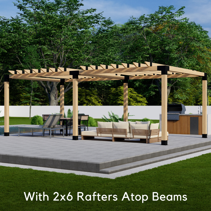 Freestanding 2-section pergola with 2x6 rafters atop beams roof