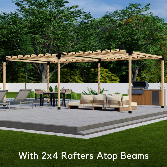 Freestanding 2-section pergola with 2x4 rafters atop beams roof