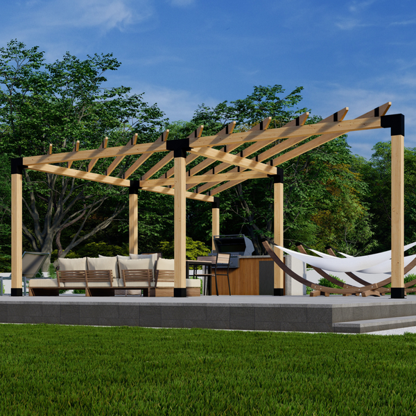 Free-Standing Large Triangle Corner Pergola w/ 2x6 Rafters Atop Beams