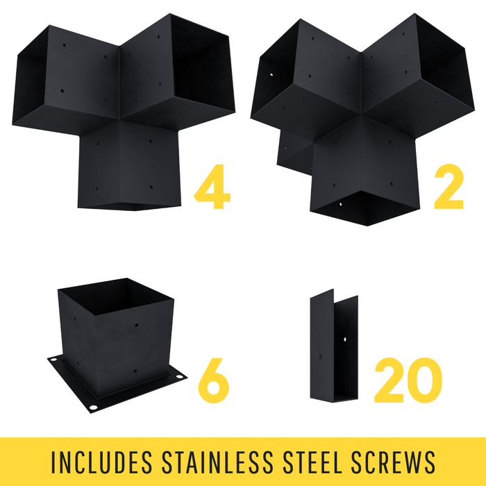 Zen Pergola kit includes 6 base brackets, 4 3-arm post brackets, 2 4-arm post brackets and 20 insert brackets for a straight inline 2x6 slats roof