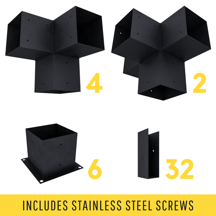 Zen Pergola kit includes 6 base brackets, 4 3-arm post brackets, 2 4-arm post brackets and 32 insert brackets for an angled 2x6 slats roof