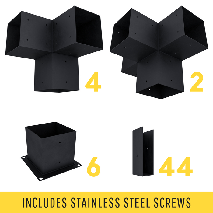 Zen Pergola kit includes 6 base brackets, 4 3-arm post brackets, 2 4-arm post brackets and 44 insert brackets for an angled 2x6 slats roof