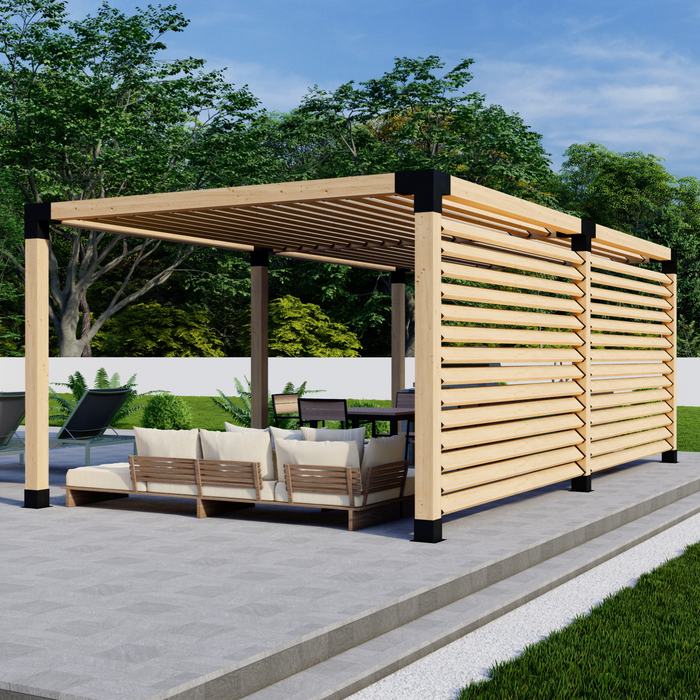 Free-Standing Pergola Kit for 6x6 Wood Posts (Any Size Up to 24' x 12') - With Angled Roof Slats + 2 Privacy Walls (Close Spacing)