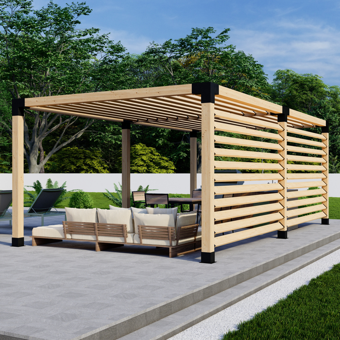 Free-Standing Pergola Kit for 6x6 Wood Posts (Any Size Up to 24' x 12') - With Angled Roof Slats + 2 Privacy Walls (Medium Spacing)