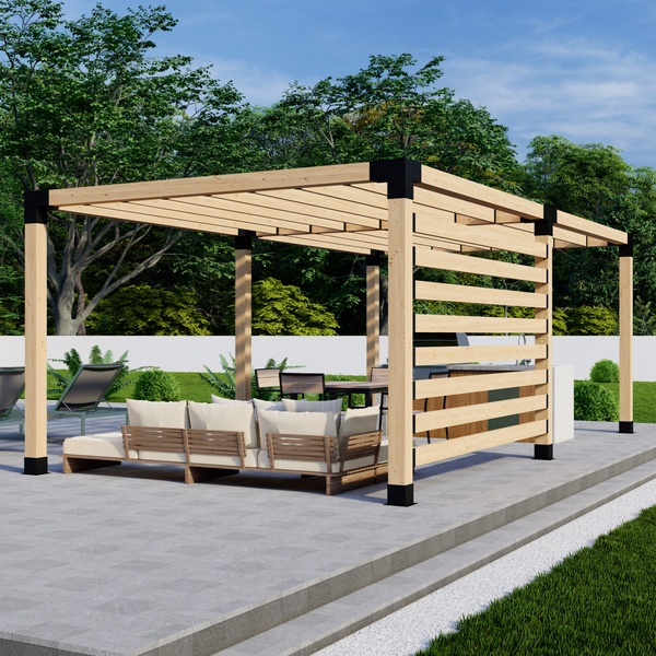 Up to 24' x 12' Free-Standing Pergola w/ Straight Inline 2x6 Slats and Privacy Wall