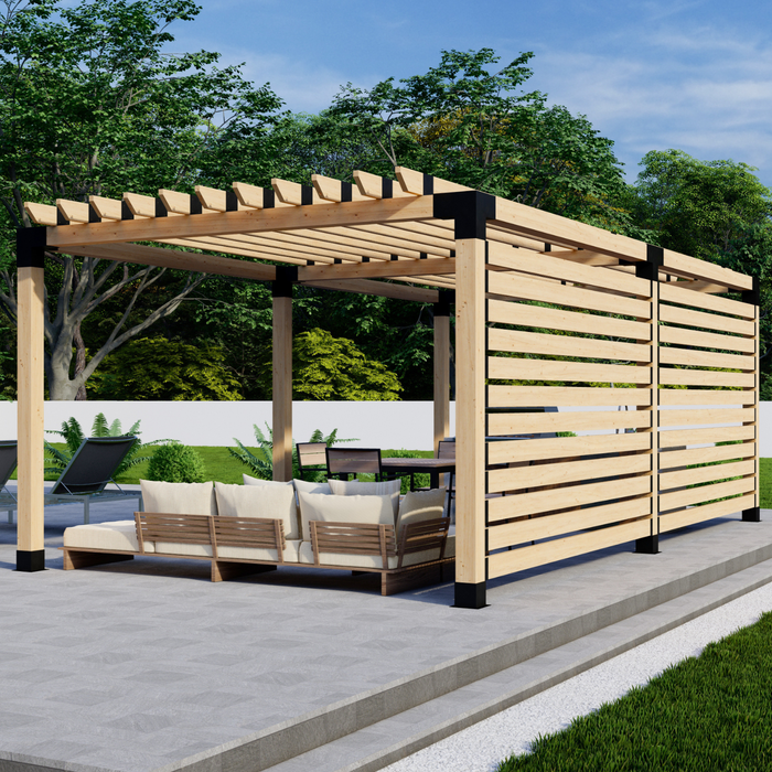 Free-Standing Pergola Kit for 6x6 Wood Posts (Any Size Up to 24' x 12') - With Traditional Roof Rafters (Longways) + 2 Privacy Walls (Close Spacing)