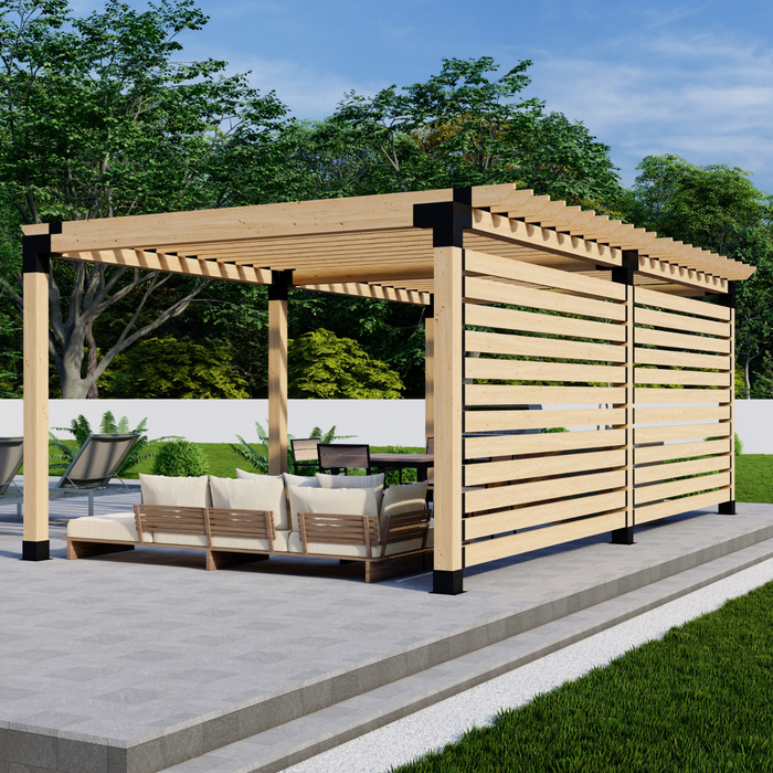 Free-Standing Pergola Kit for 6x6 Wood Posts (Any Size Up to 24' x 12') - With Traditional Roof Rafters + 2 Privacy Walls (Close Spacing)
