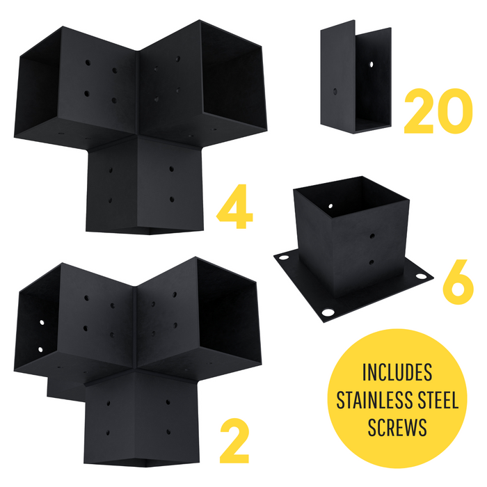 Zen Pergola kit includes 6 base brackets, 4 3-arm post brackets, 2 4-arm post brackets and 20 insert brackets for a straight inline 2x4 slats roof