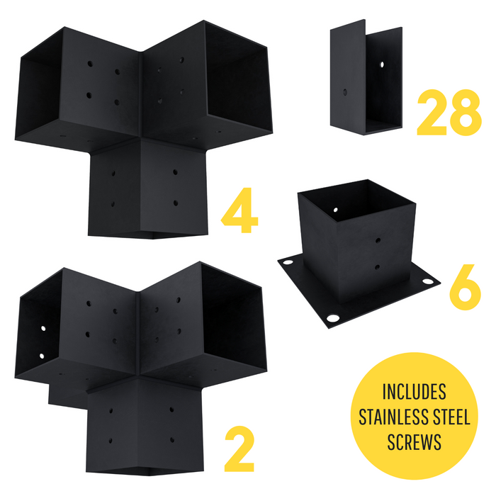 Zen Pergola kit includes 6 base brackets, 4 3-arm post brackets, 2 4-arm post brackets and 28 insert brackets for a straight inline 2x4 slats roof