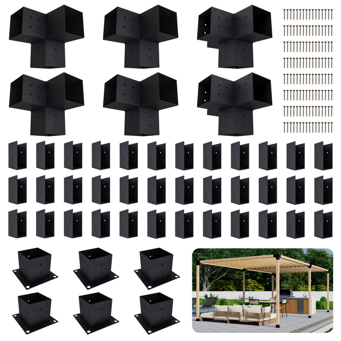 Zen Pergola kit includes 6 base brackets, 4 3-arm post brackets, 2 4-arm post brackets and 36 insert brackets for an angled 2x4 slats roof