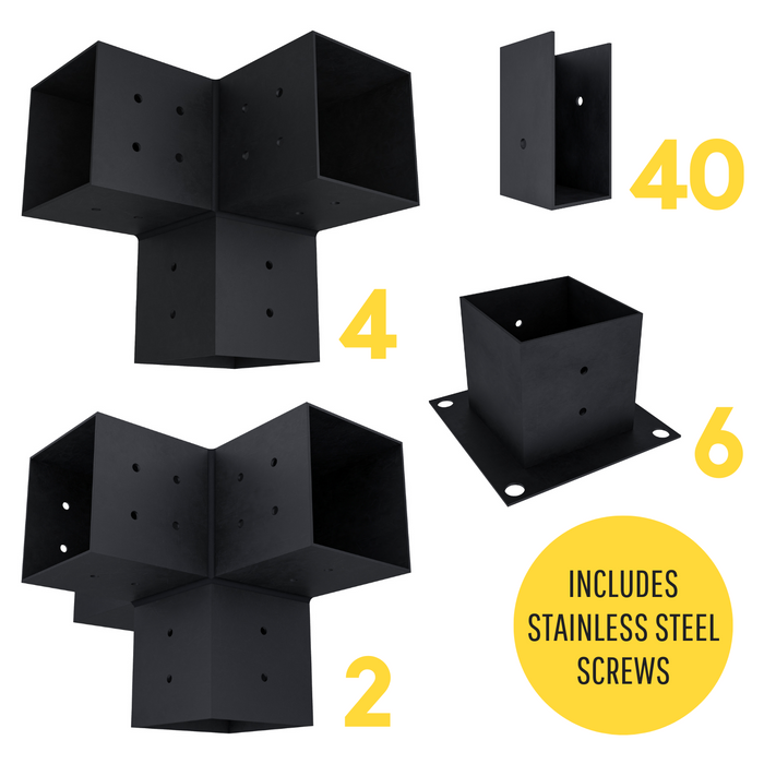 Zen Pergola kit includes 6 base brackets, 4 3-arm post brackets, 2 4-arm post brackets and 40 insert brackets for an angled 2x4 slats roof