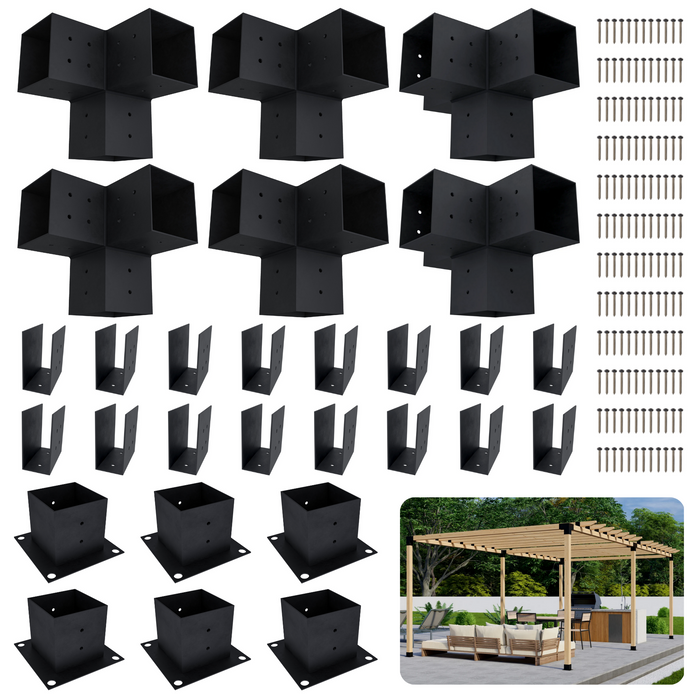 Zen Pergola kit includes 6 base brackets, 4 3-arm post brackets, 2 4-arm post brackets and 16 rafter brackets for a 2x4 rafters atop beams roof