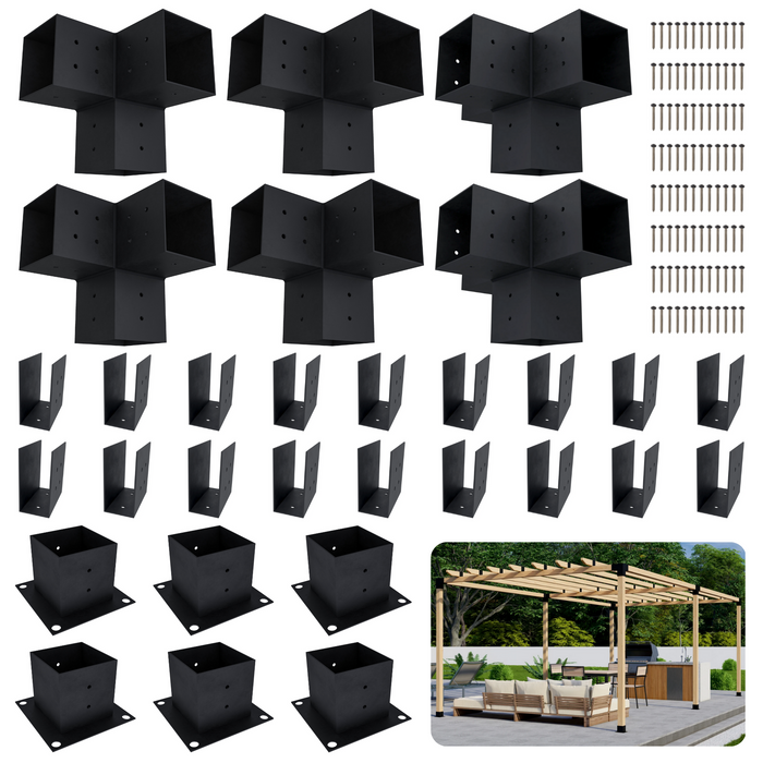 Zen Pergola kit includes 6 base brackets, 4 3-arm post brackets, 2 4-arm post brackets and 18 rafter brackets for a 2x4 rafters atop beams roof