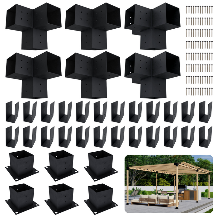 Zen Pergola kit includes 6 base brackets, 4 3-arm post brackets, 2 4-arm post brackets and 24 rafter brackets for a 2x4 rafters atop beams roof