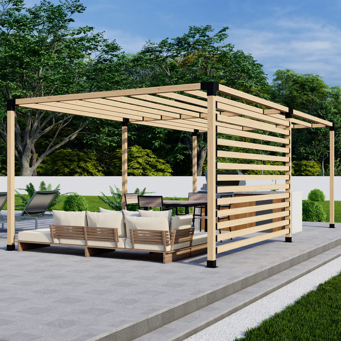 Free-Standing Pergola Kit for 4x4 Wood Posts (Any Size Up to 24' x 12') - With Inline Roof Rafters + Privacy Wall (Medium Spacing)