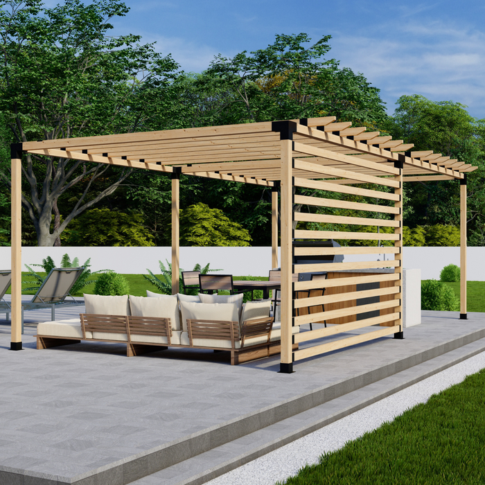 Free-Standing Pergola Kit for 4x4 Wood Posts (Any Size Up to 24' x 12') - With Traditional Roof Rafters + Privacy Wall (Medium Spacing)