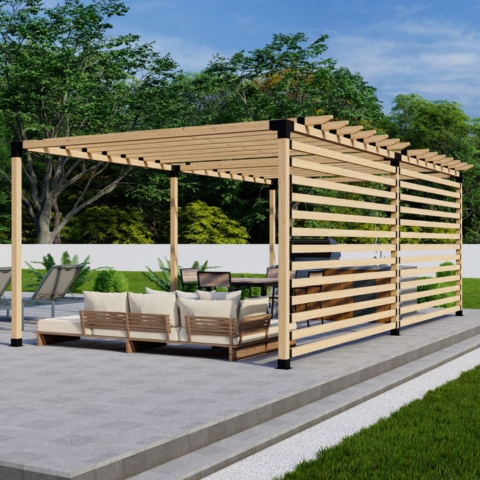Free-Standing Pergola Kit for 4x4 Wood Posts (Any Size Up to 24' x 12') - With Traditional Roof Rafters + 2 Privacy Walls (Medium Spacing)