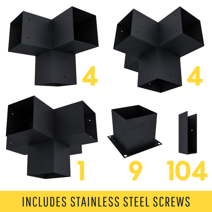 Pergola kit includes 9 base brackets, 4 3-arm brackets, 4 4-arm brackets, 1 5-arm bracket and 104 roof brackets for adding angled 2x6 roof slats