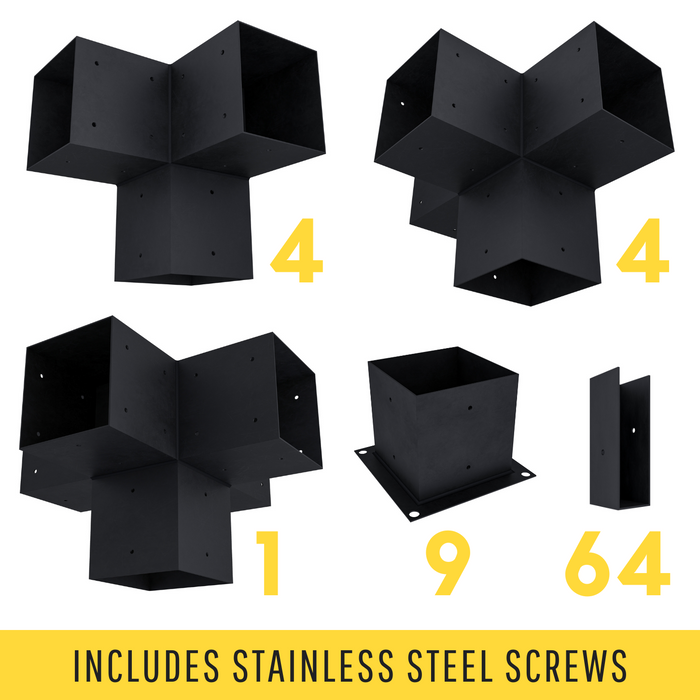 Pergola kit includes 9 base brackets, 4 3-arm brackets, 4 4-arm brackets, 1 5-arm bracket and 64 roof brackets for adding angled 2x6 roof slats