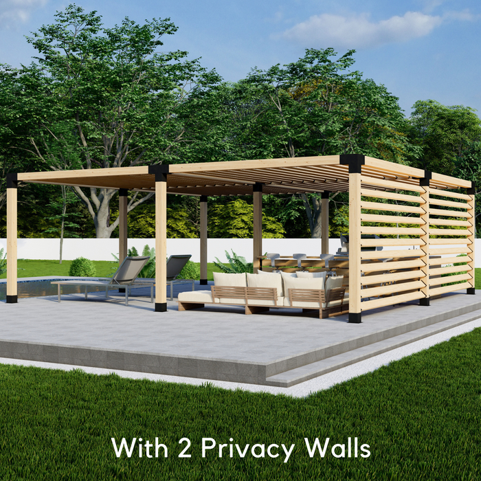 Free-Standing Pergola Kit for 6x6 Wood Posts (Any Size Up to 24' x 24') - With Angled Roof Slats + Privacy Wall (Medium Spacing)