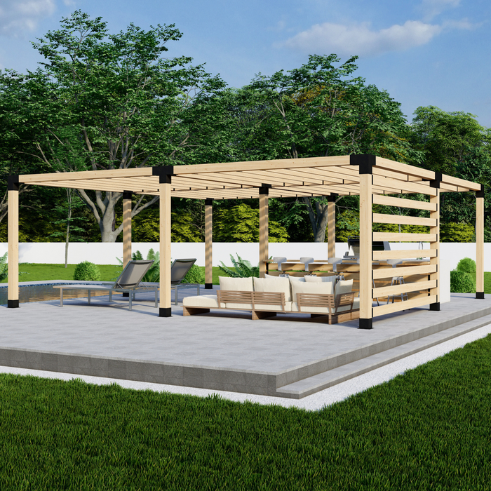 Free-Standing Pergola Kit for 6x6 Wood Posts (Any Size Up to 24' x 24') - With Inline Roof Rafters + Privacy Wall (Medium Spacing)