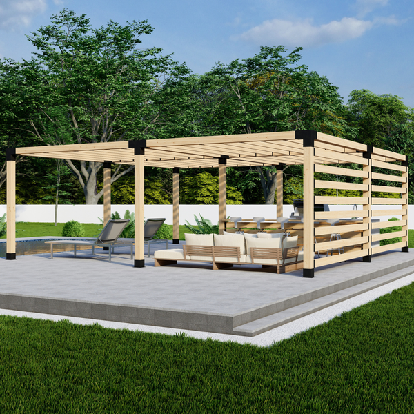 Up to 24' x 24' Free-Standing Pergola w/ Straight Inline 2x6 Roof Slats and 2 Privacy Walls