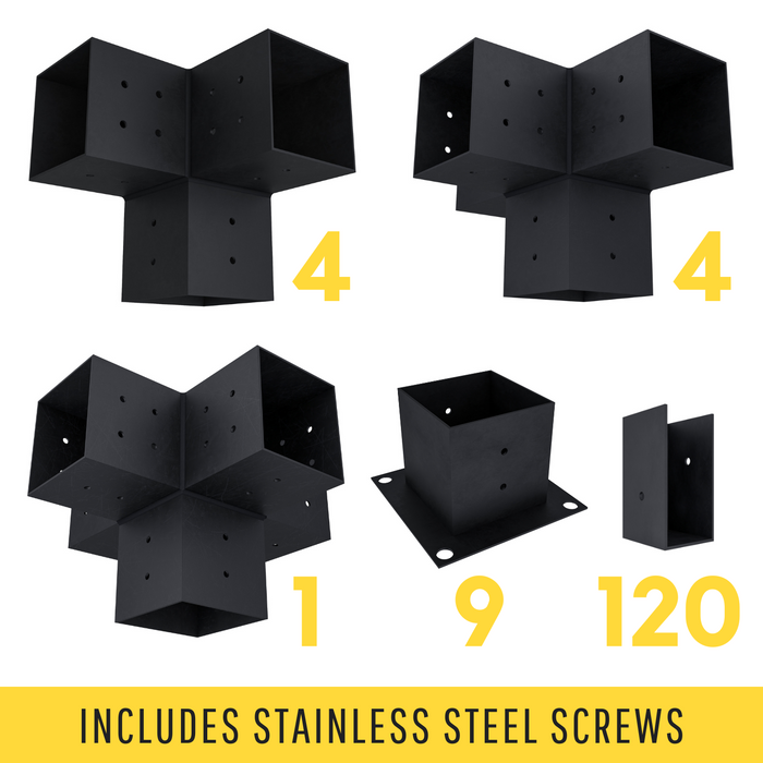 Pergola kit includes 9 base brackets, 4 3-arm brackets, 4 4-arm brackets, 1 5-arm bracket and 120 roof brackets for adding angled 2x4 roof slats