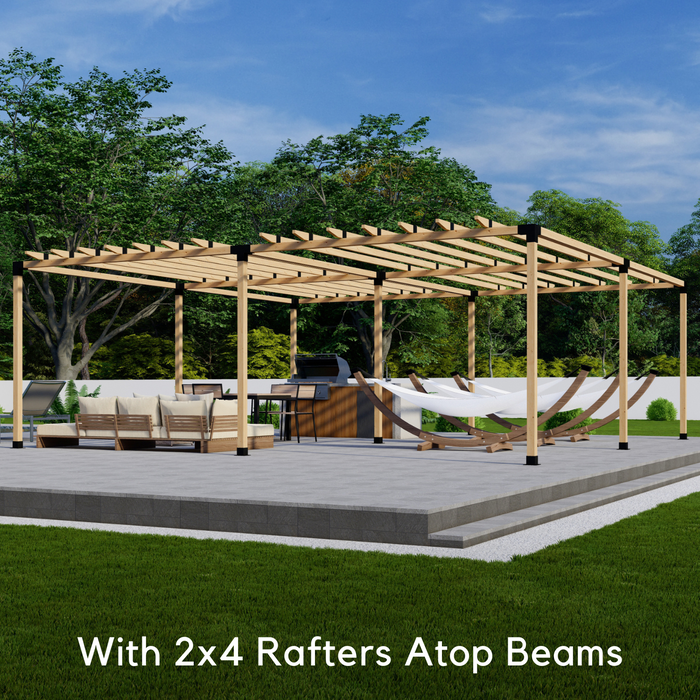 Free-standing quad pergola with medium-spaced traditional rafters atop beams