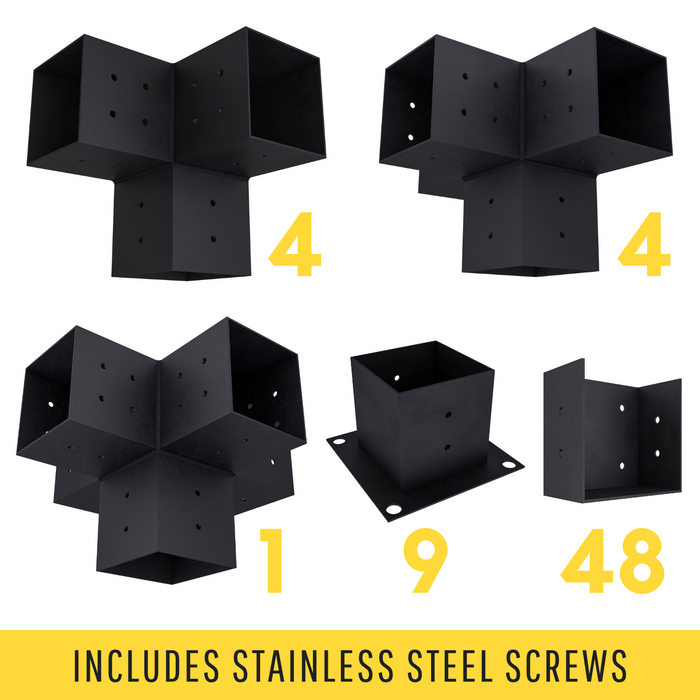 Pergola kit includes 9 base brackets, 4 3-arm brackets, 4 4-arm brackets, 1 5-arm bracket and 48 roof brackets for adding inline 4x4 roof posts