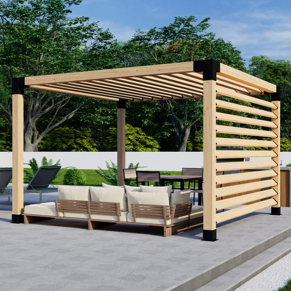Up to 12x12 Freestanding Pergola w/ Angled 2x6 Roof Slats and 1 Privacy Wall