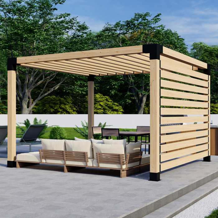 Free-Standing Pergola Kit for 6x6 Wood Posts (Any Size Up to 12' x 12') - With Inline Roof Rafters + Privacy Wall (Close Spacing)