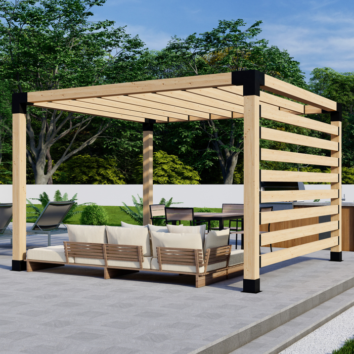 Free-Standing Pergola Kit for 6x6 Wood Posts (Any Size Up to 12' x 12') - With Inline Roof Rafters + Privacy Wall (Medium Spacing)