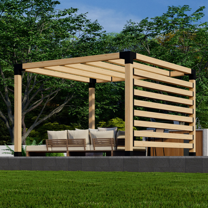 Free-Standing Pergola Kit for 6x6 Wood Posts (Any Size Up to 12' x 12') - With 6x6 Square Roof Rafters + 1 Privacy Wall (Medium Spacing)