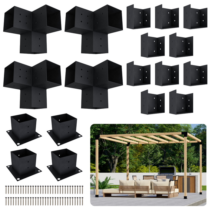 Pergola kit includes 4 base brackets, 4 3-arm post brackets and 10 square 4x4 insert brackets for a roof with inline 4x4 posts
