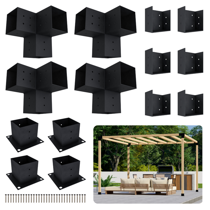 Pergola kit includes 4 base brackets, 4 3-arm post brackets and 6 square 4x4 insert brackets for a roof with inline 4x4 posts