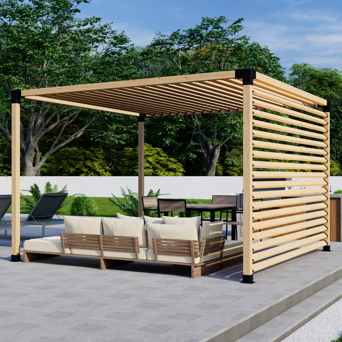 Free-Standing Pergola Kit for 4x4 Wood Posts (Any Size Up to 12' x 12') - With Angled Roof + Privacy Wall (Close Spacing)