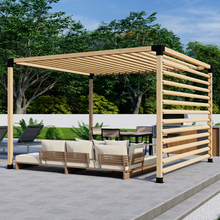 Free-Standing Pergola Kit for 4x4 Wood Posts (Any Size Up to 12' x 12') - With Angled Roof + Privacy Wall (Medium Spacing)