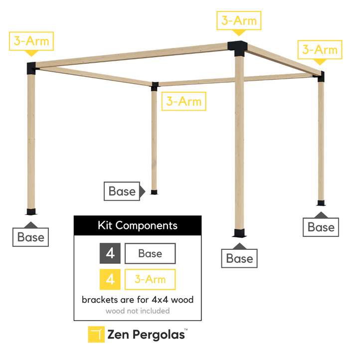 512.94 - This single free-standing pergola kit includes 4 base brackets and 4 3-arm brackets, all of which are for 4x4 wood