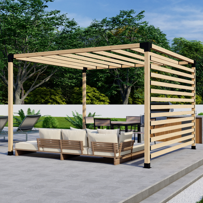 Free-Standing Pergola Kit for 4x4 Wood Posts (Any Size Up to 12' x 12') - With Inline Roof Rafters + Privacy Wall (Medium Spacing)